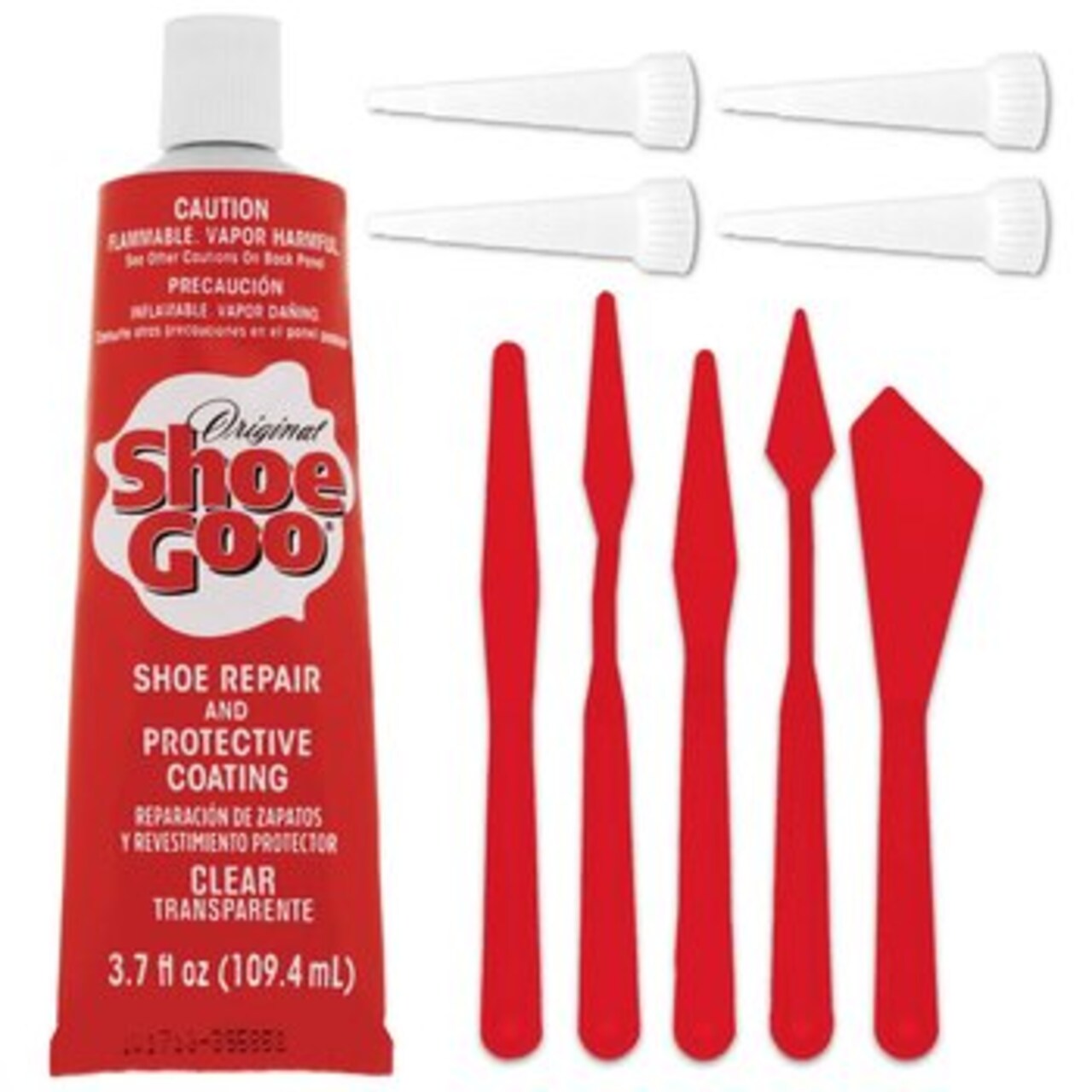Shoe Goo Repair Adhesive for Fixing Worn Shoes or Boots, Clear, 3.7 Ounce (109.4mL), 10 Snip Tip Applicator Tips and Pixiss Spreader Tools Set